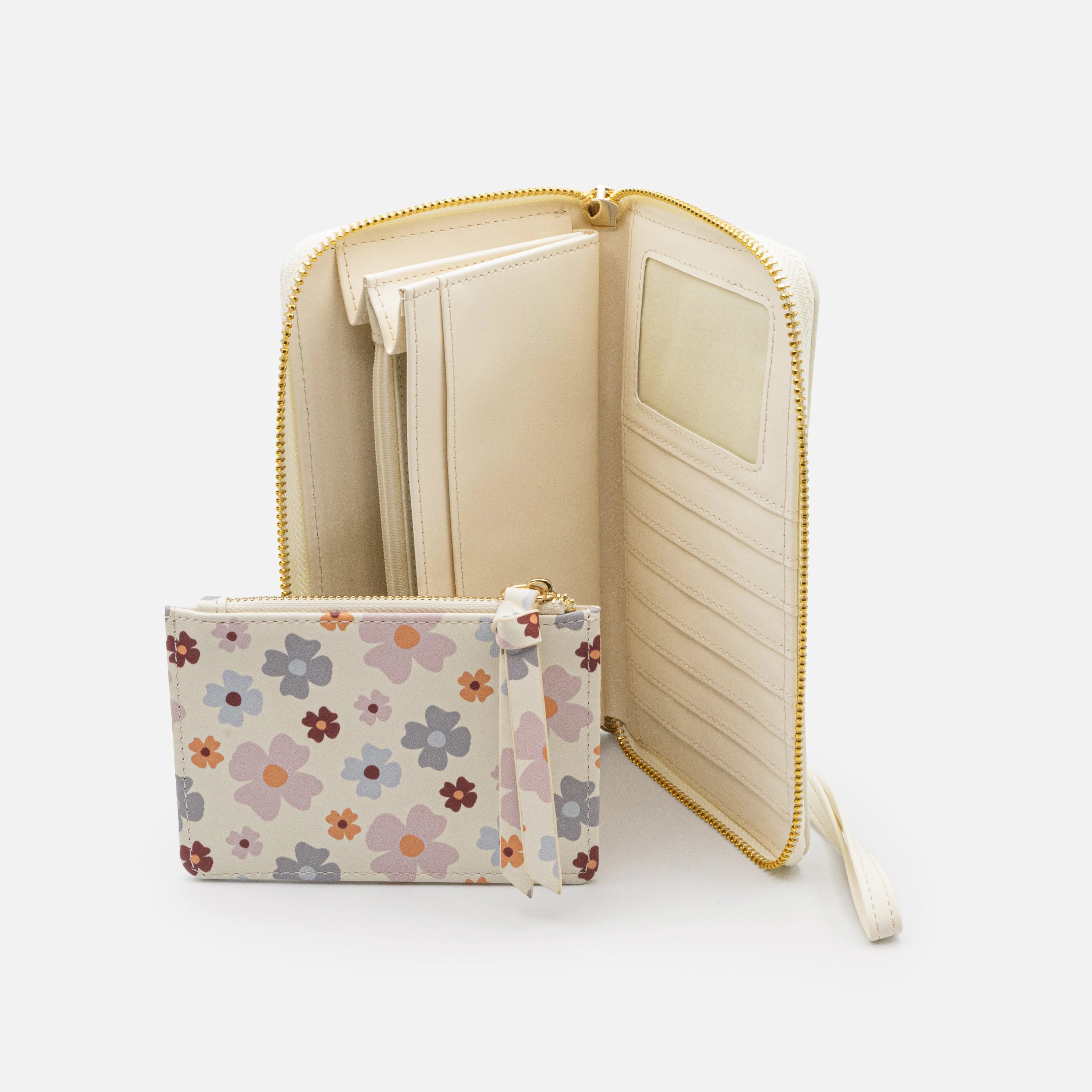 Portefeuille ivoire avec pochette amovible fleurie en PU - Image 4