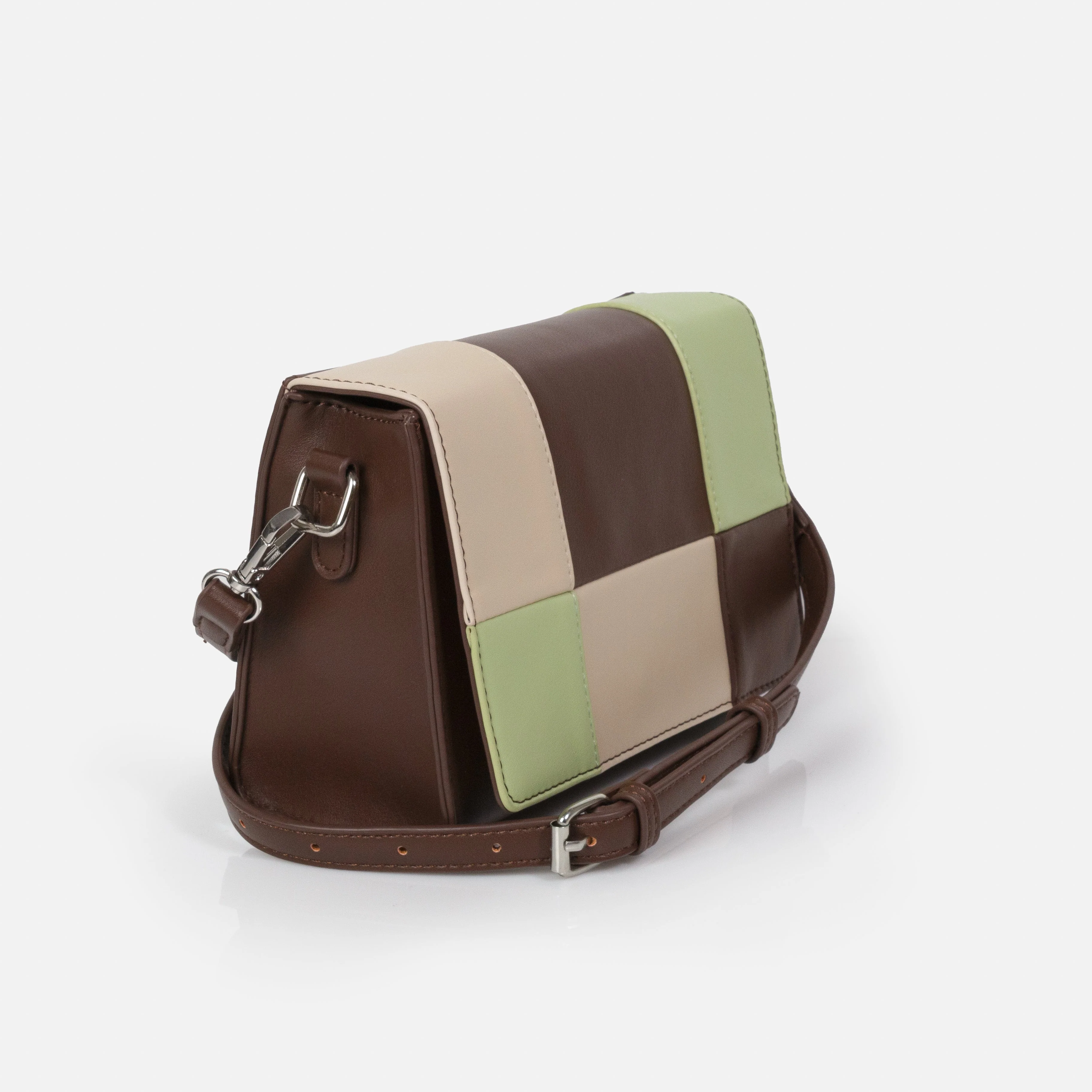Sac à main bandoulière brun foncé à carreaux beiges & vert pâle en PU - Image 2