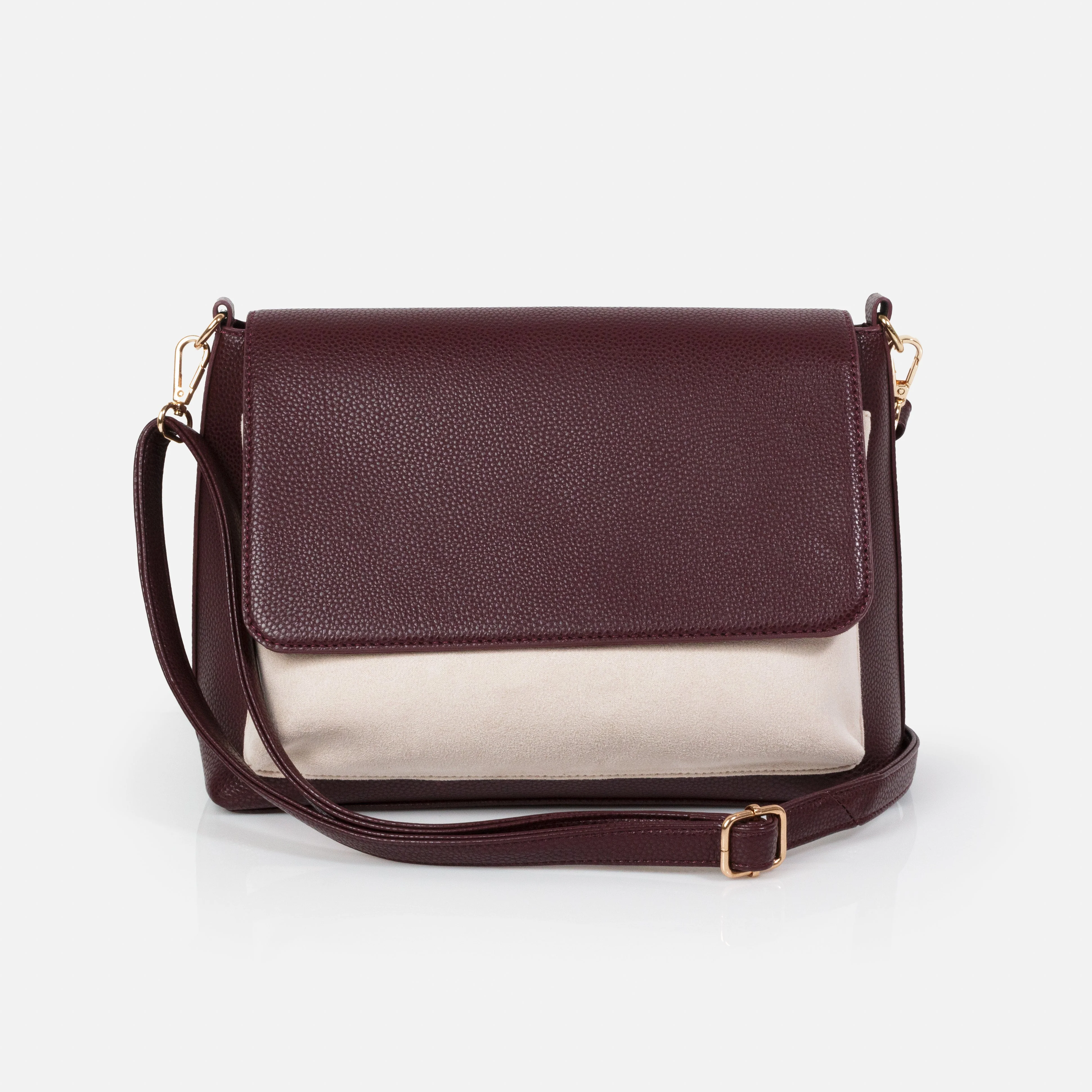 Sac à main bourgogne en PU bosselé avec pochette ivoire en suède
