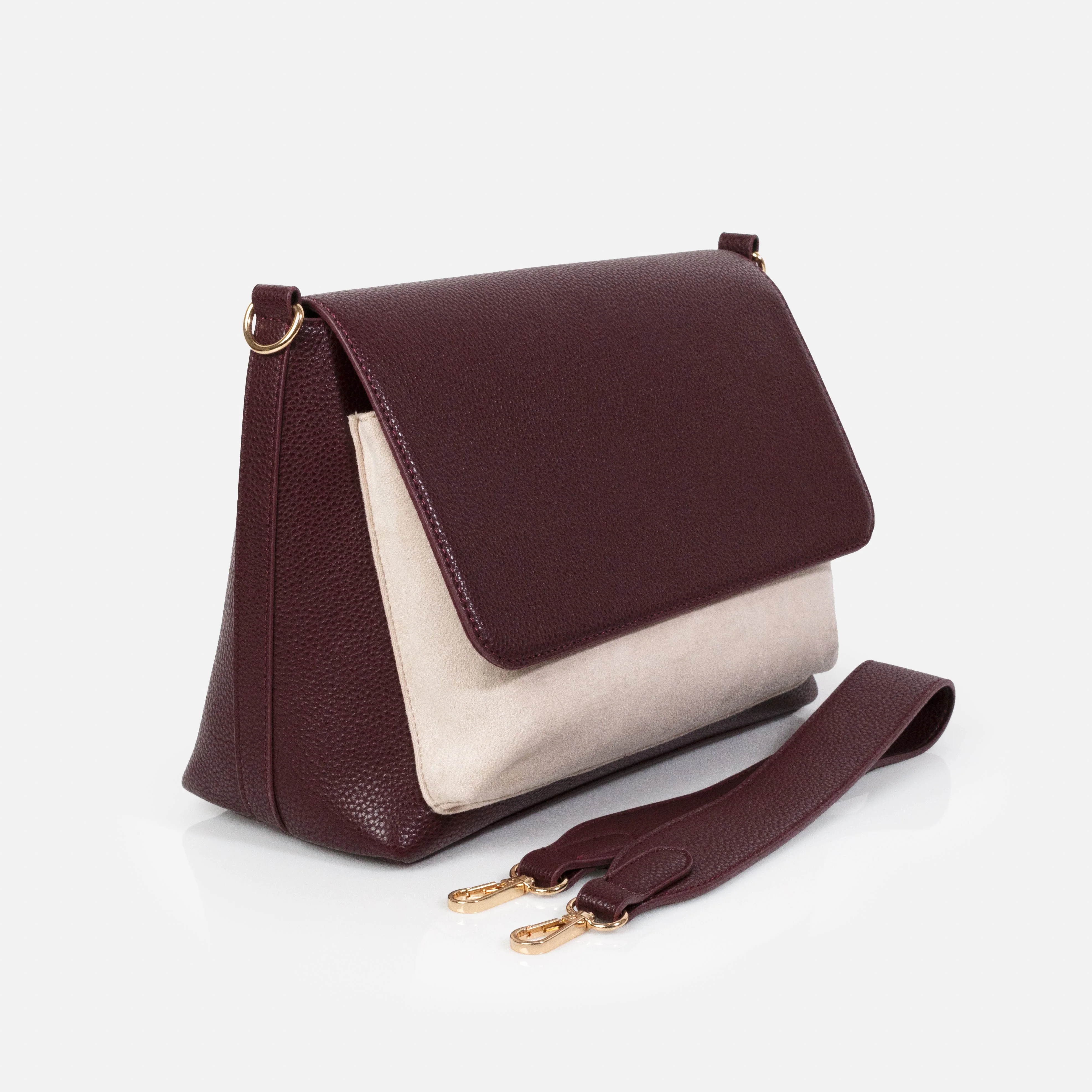 Sac à main bourgogne en PU bosselé avec pochette ivoire en suède - Image 2