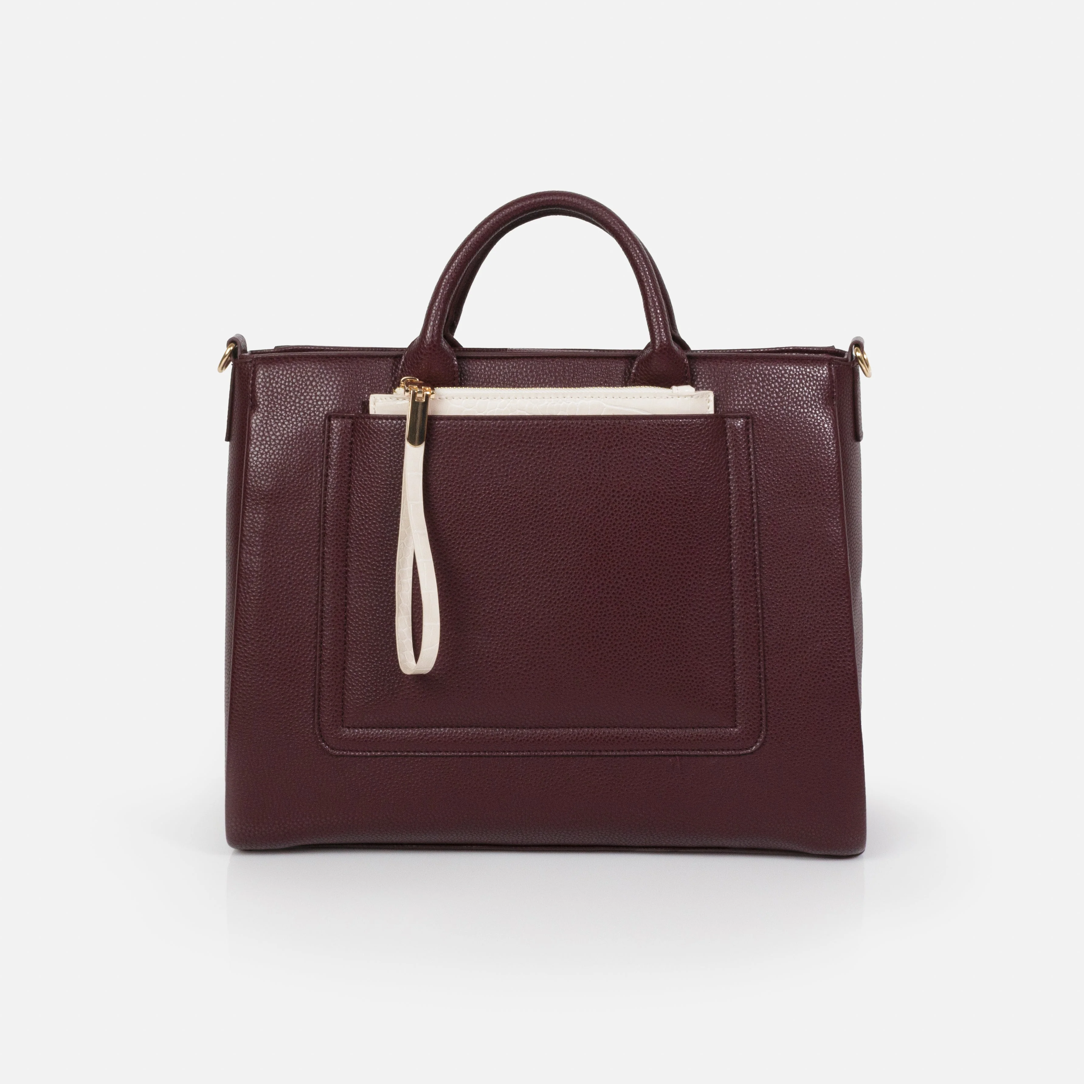 Sac à main bourgogne en PU & pochette amovible ivoire - Image 2
