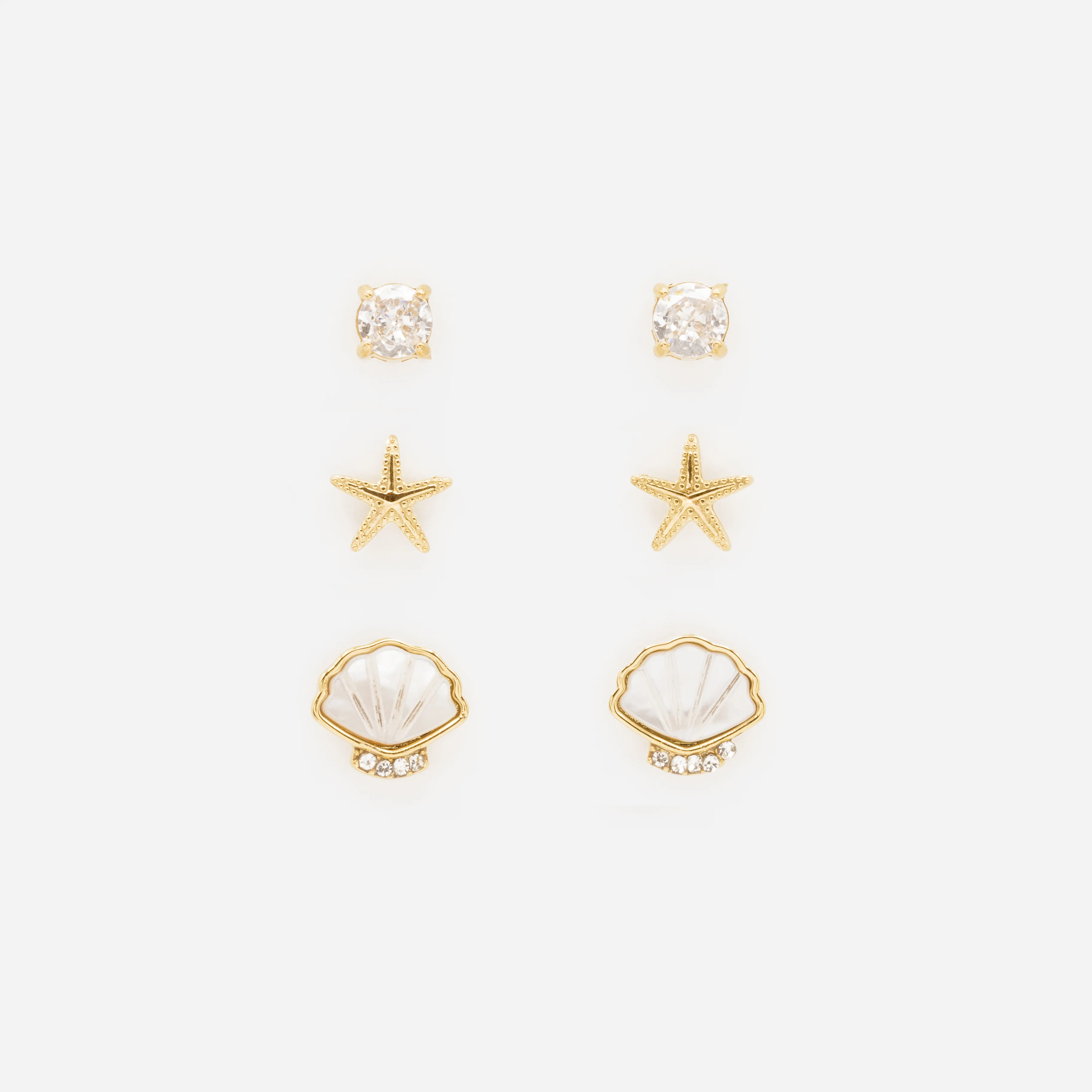 Trio de boucles d'oreilles dorées trésors des mers et zircons cubiques en acier inoxydable