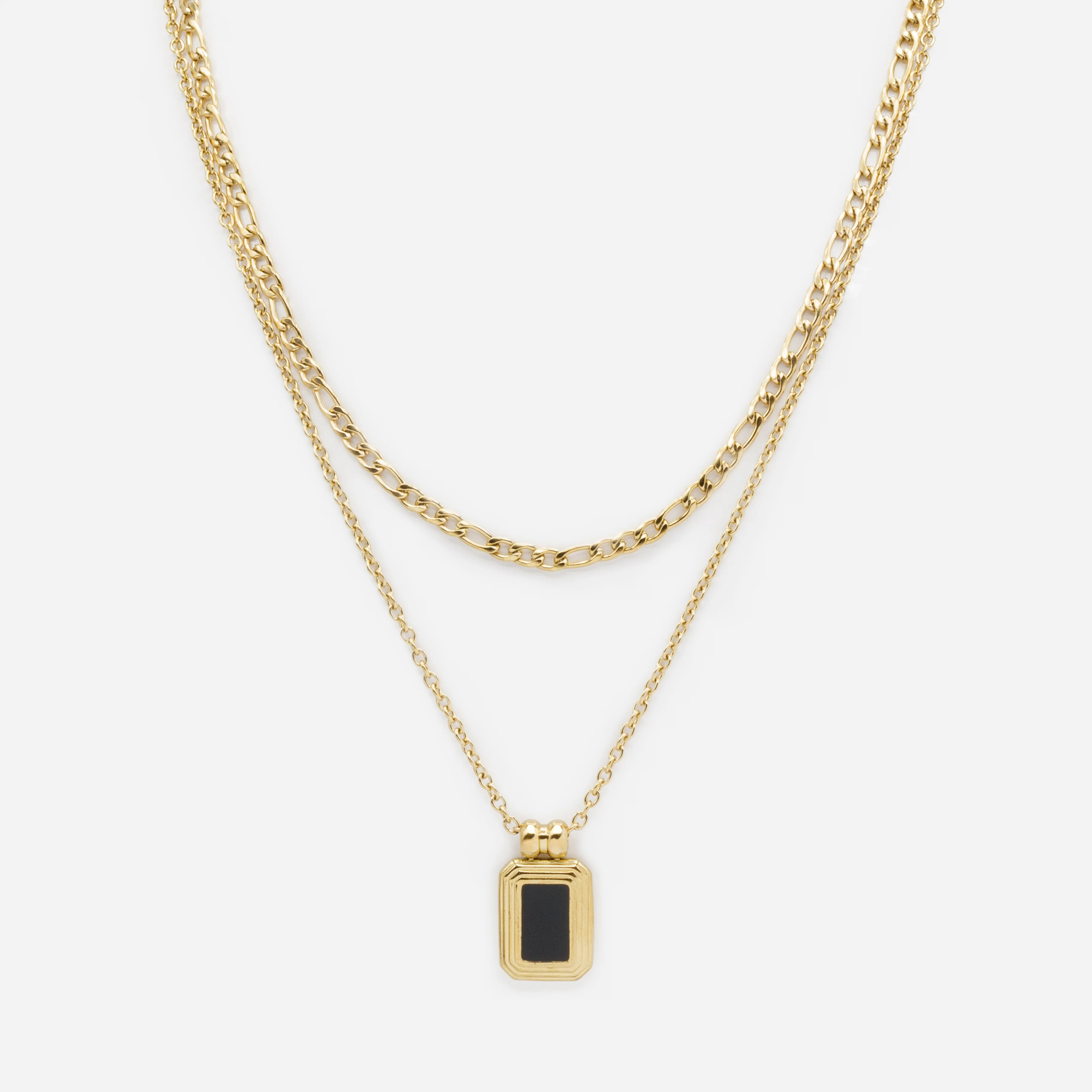 Ensemble doré chaîne à mailles figaro et collier à breloque rectangulaire noire en acier inoxydable