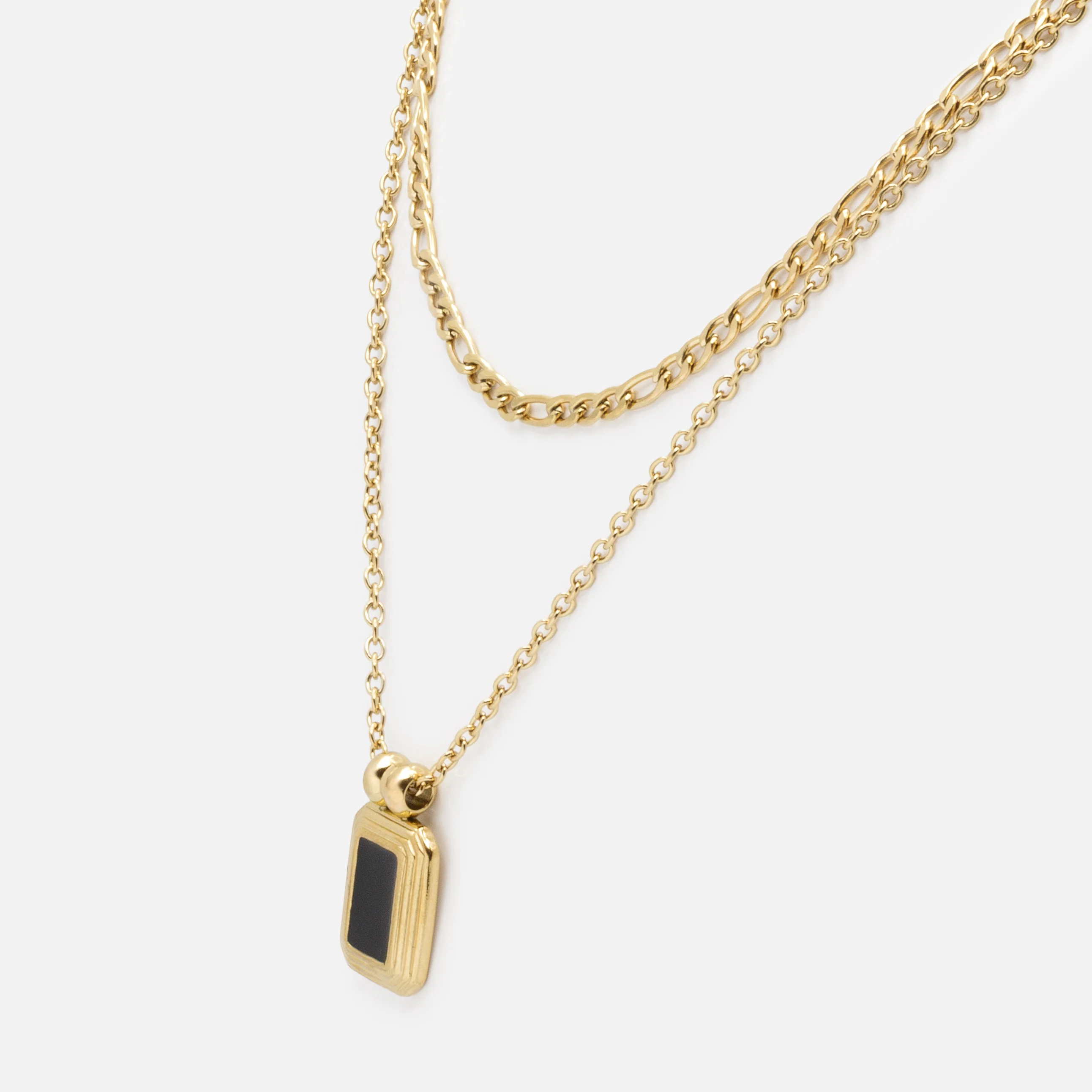 Ensemble doré chaîne à mailles figaro et collier à breloque rectangulaire noire en acier inoxydable - Image 2