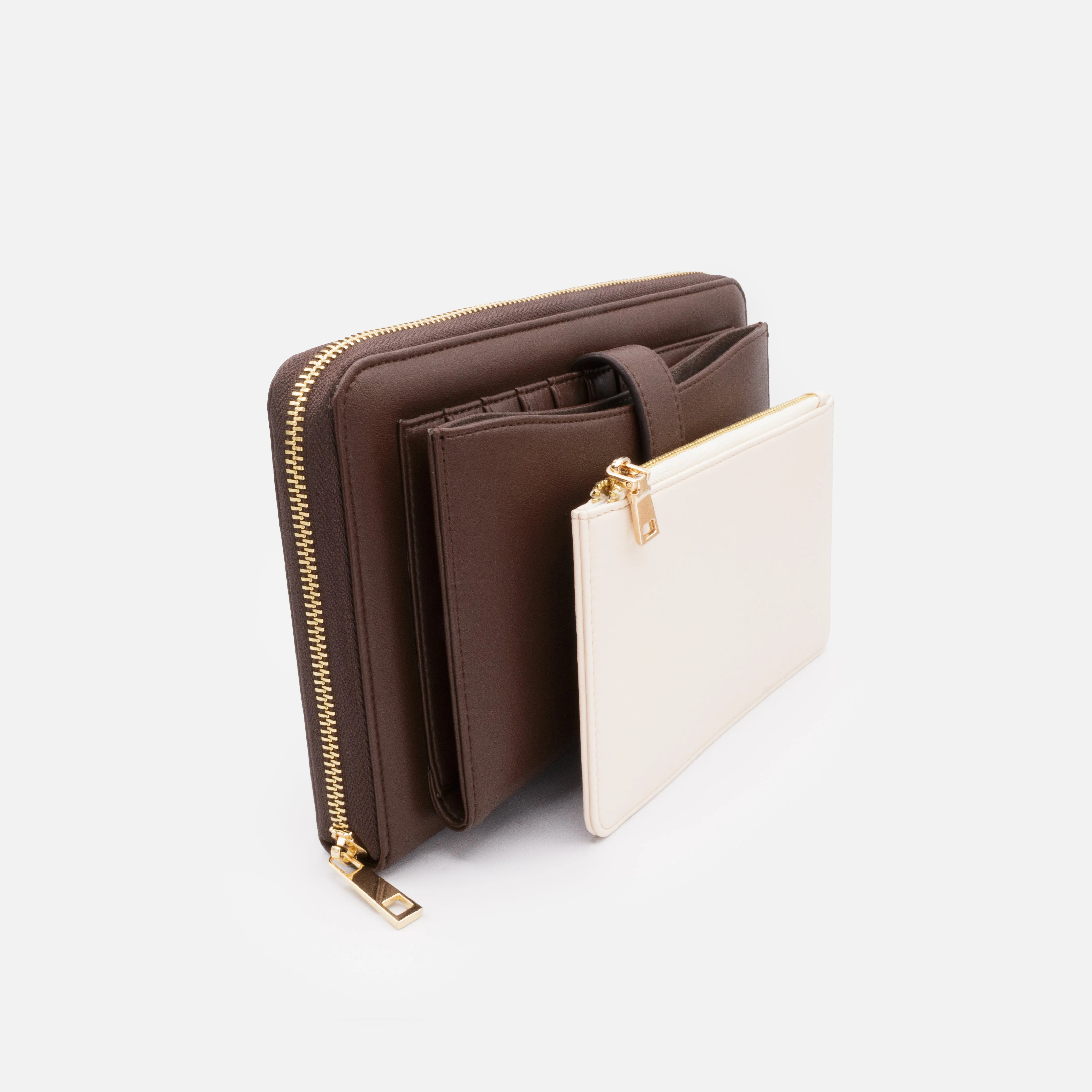 Très grand portefeuille brun foncé en PU & pochette ivoire amovible - Image 2