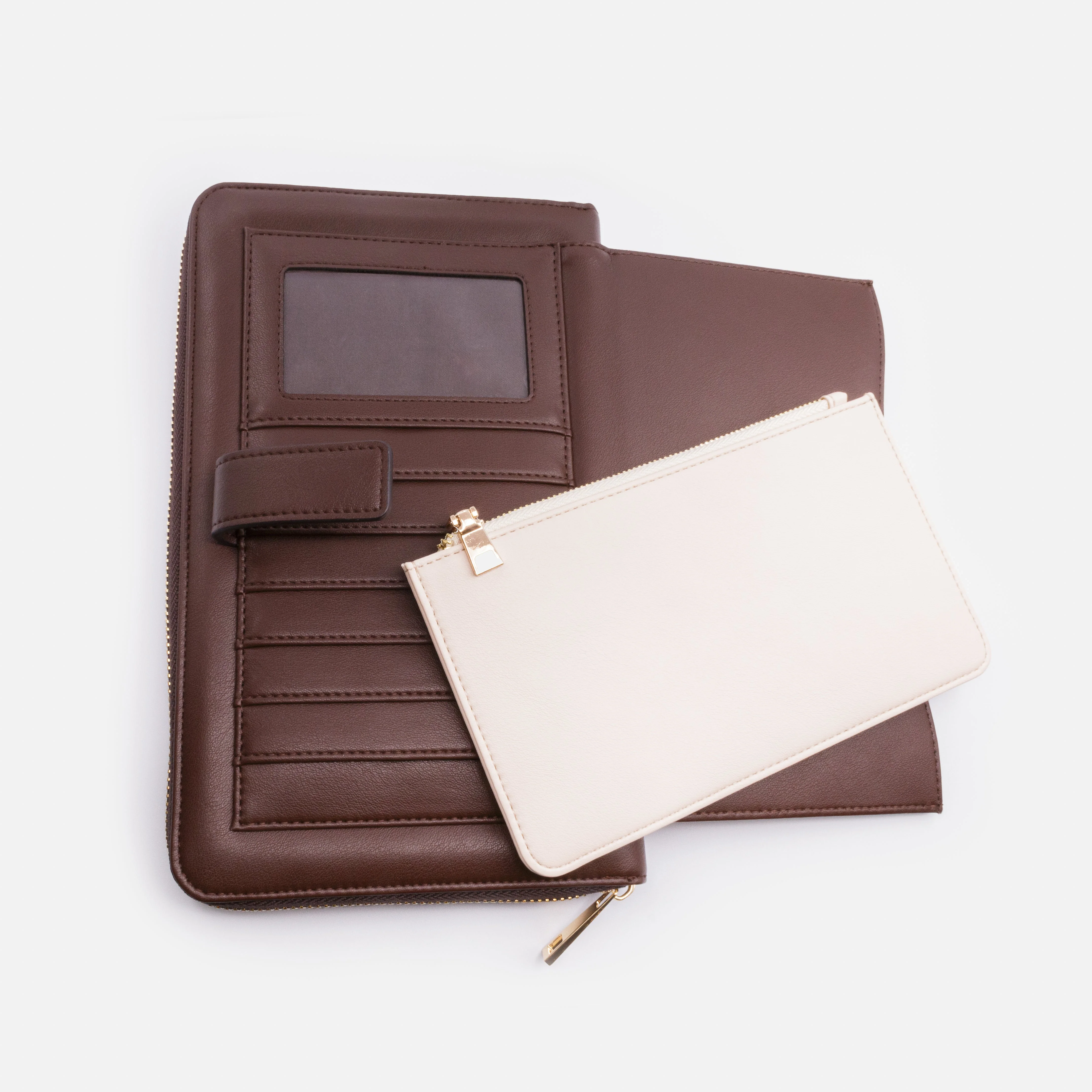 Très grand portefeuille brun foncé en PU & pochette ivoire amovible - Image 4