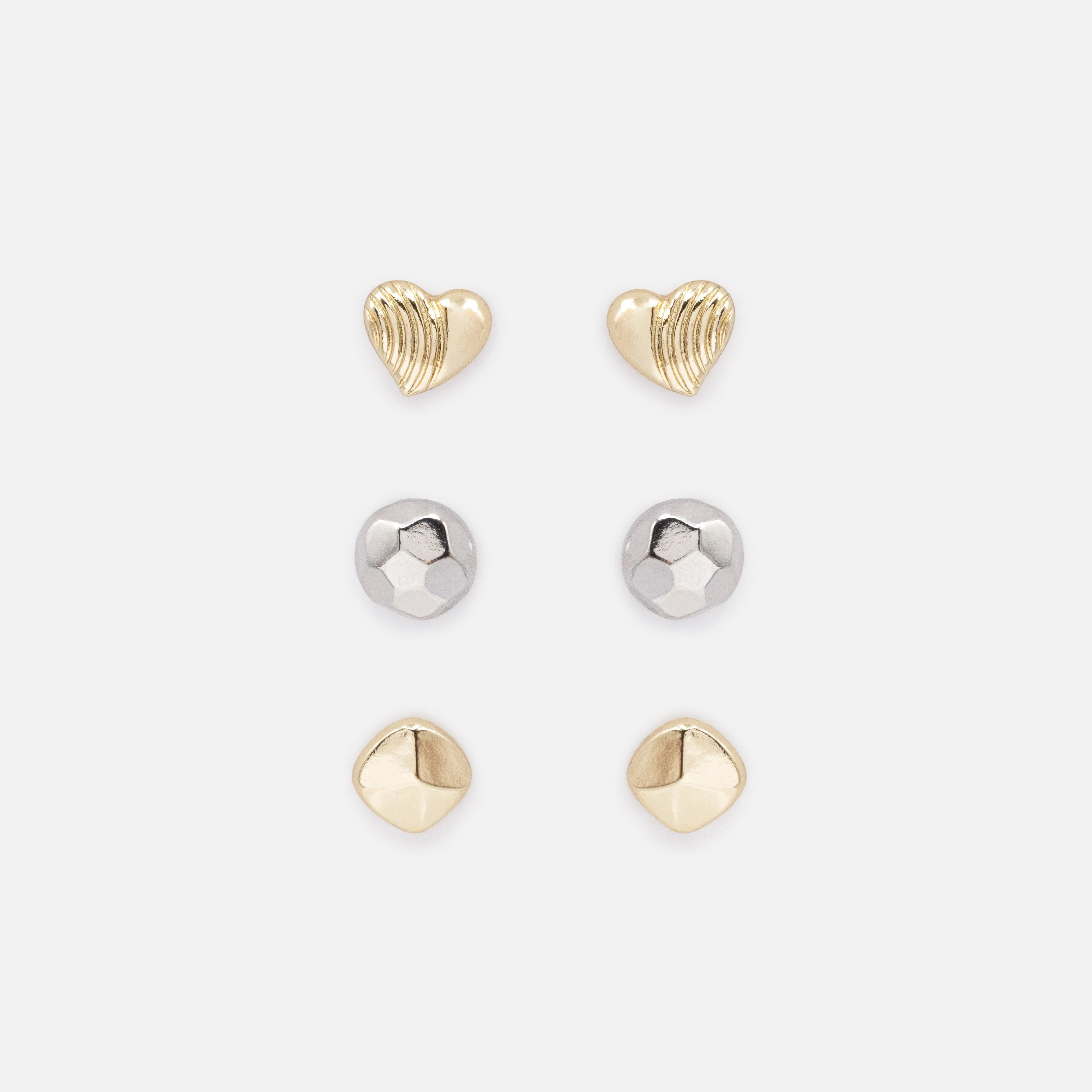 Trio de boucles d'oreilles deux tons cœurs texturés & billes martelées