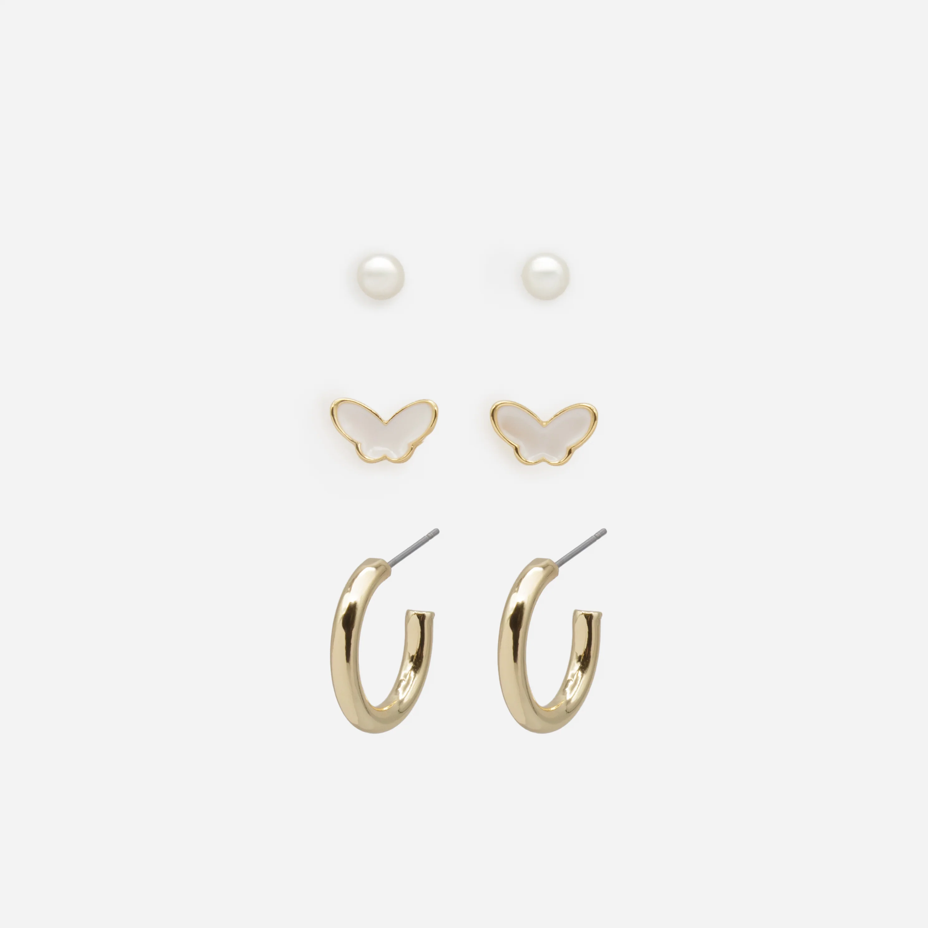 Trio de boucles d'oreilles papillons blancs et anneaux dorés