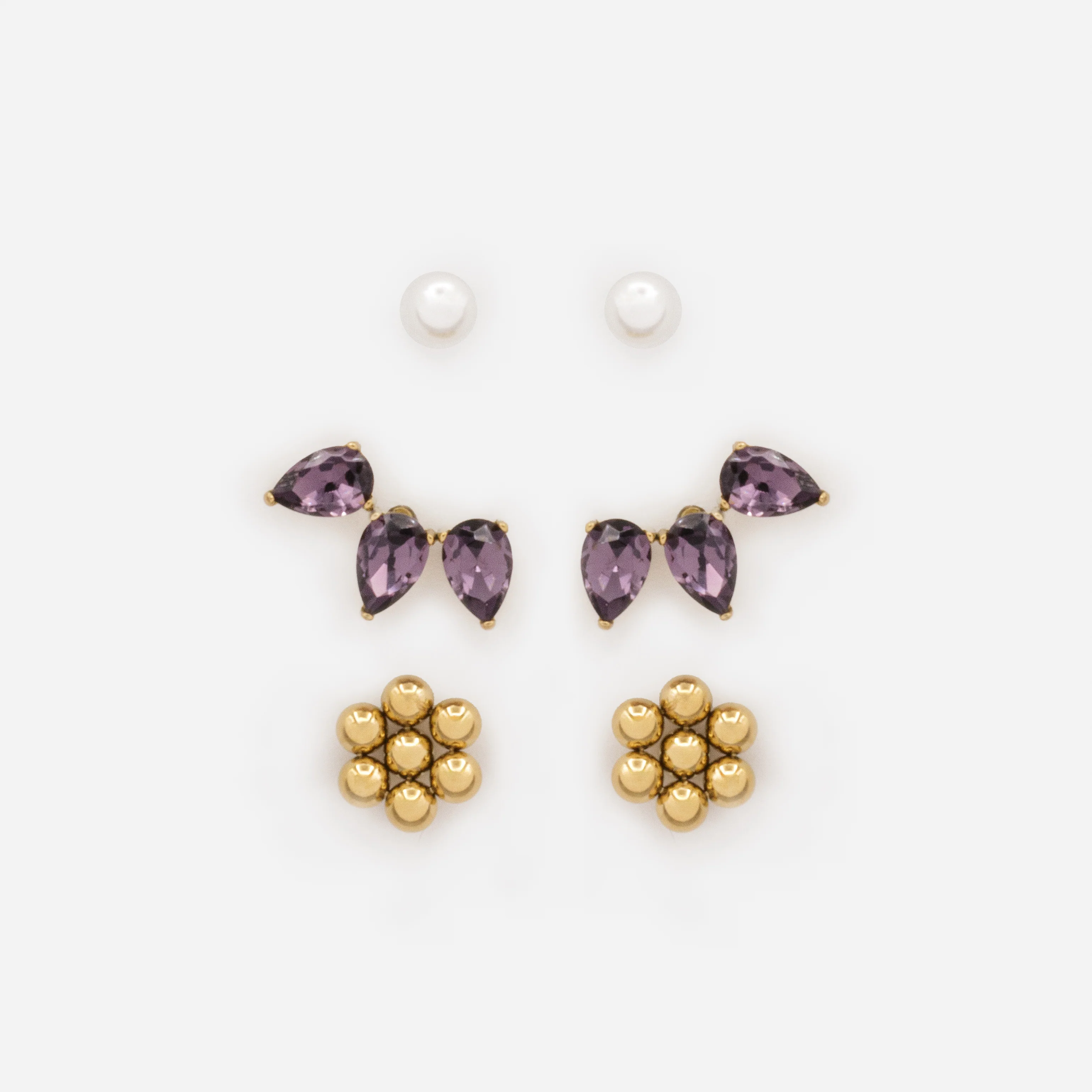 Trio de boucles d'oreilles dorées pierres mauves et perles en acier inoxydable