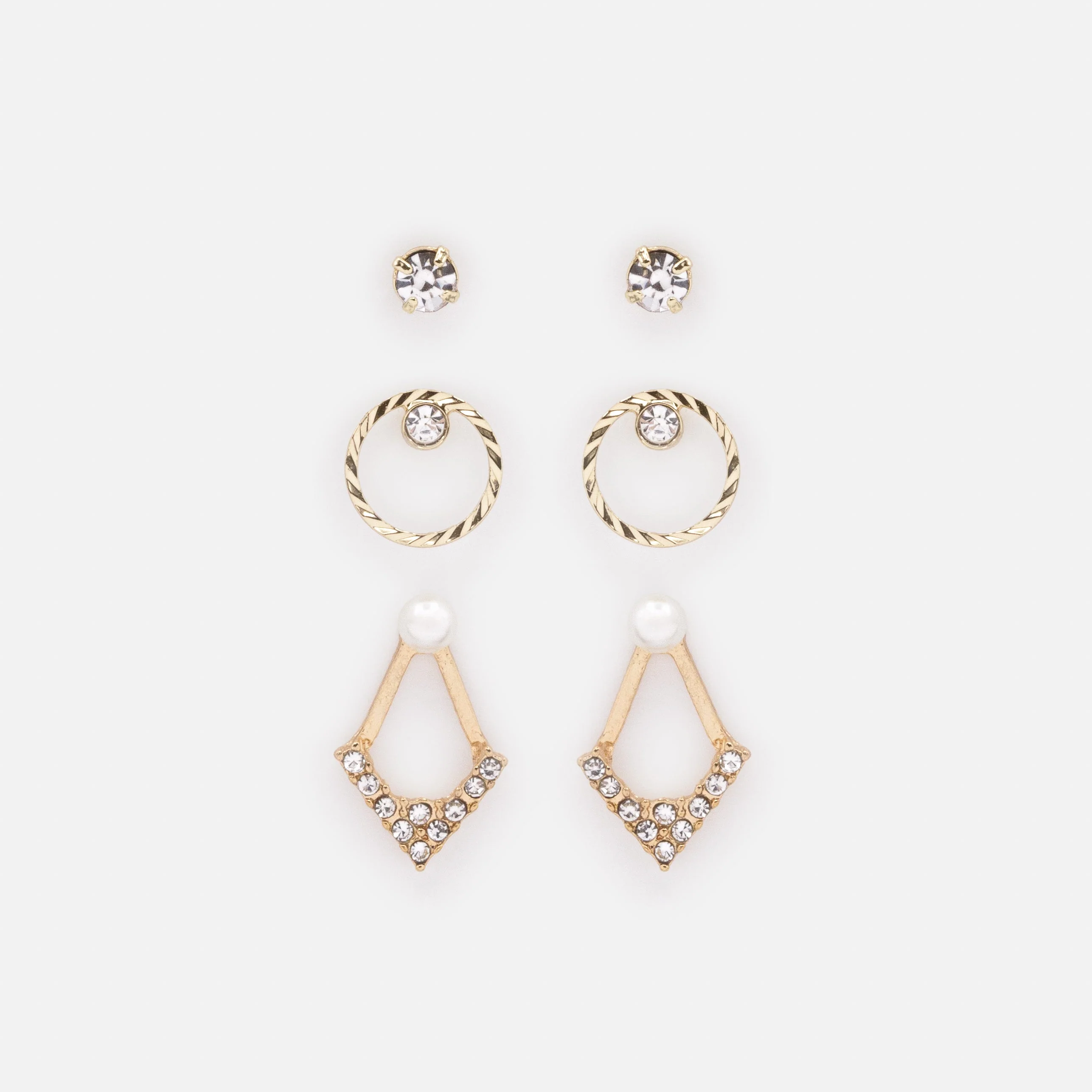 Trio de boucles d'oreilles dorées perles & zircons cubiques