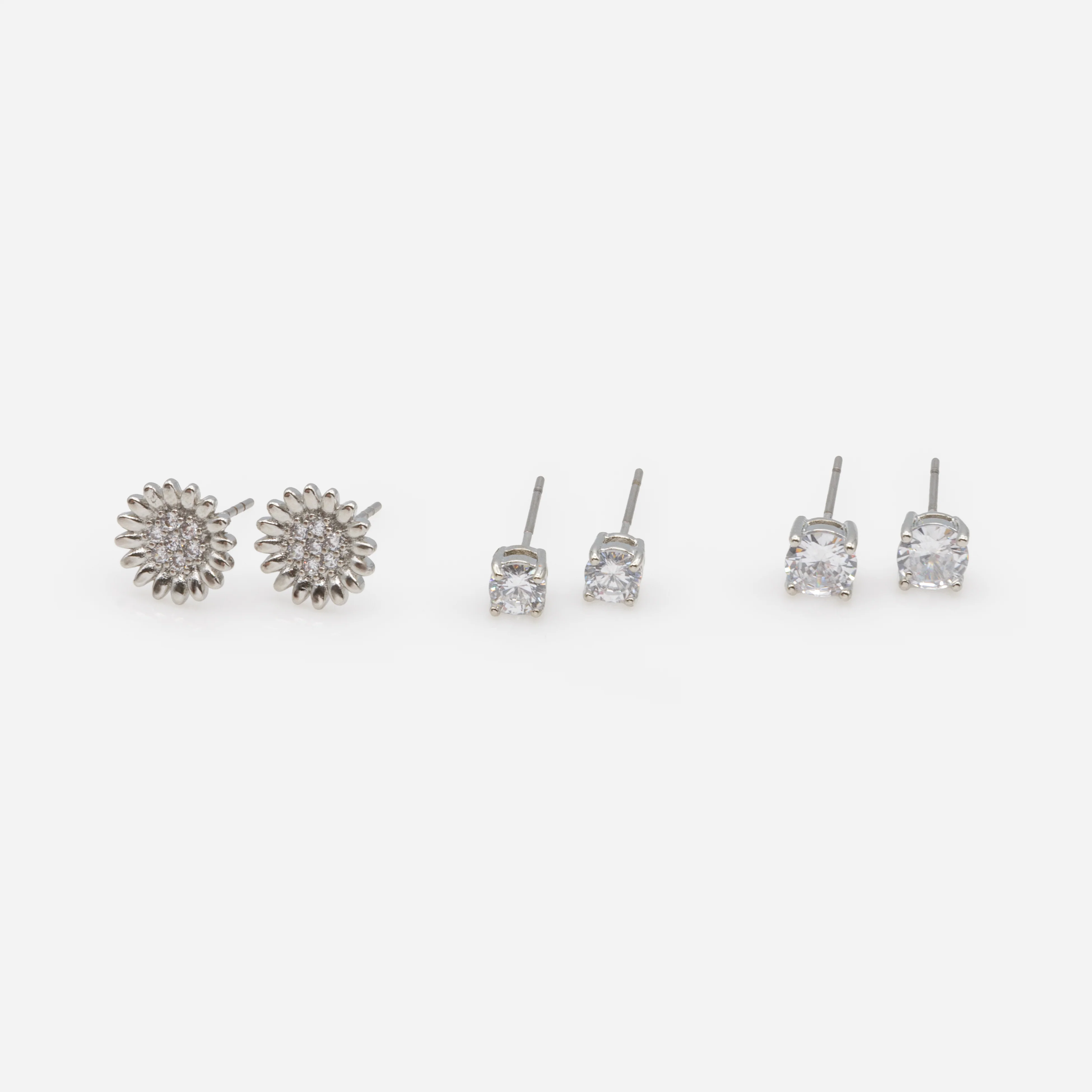 Trio de boucles d'oreilles argentées tournesol et zircons cubiques - Image 2